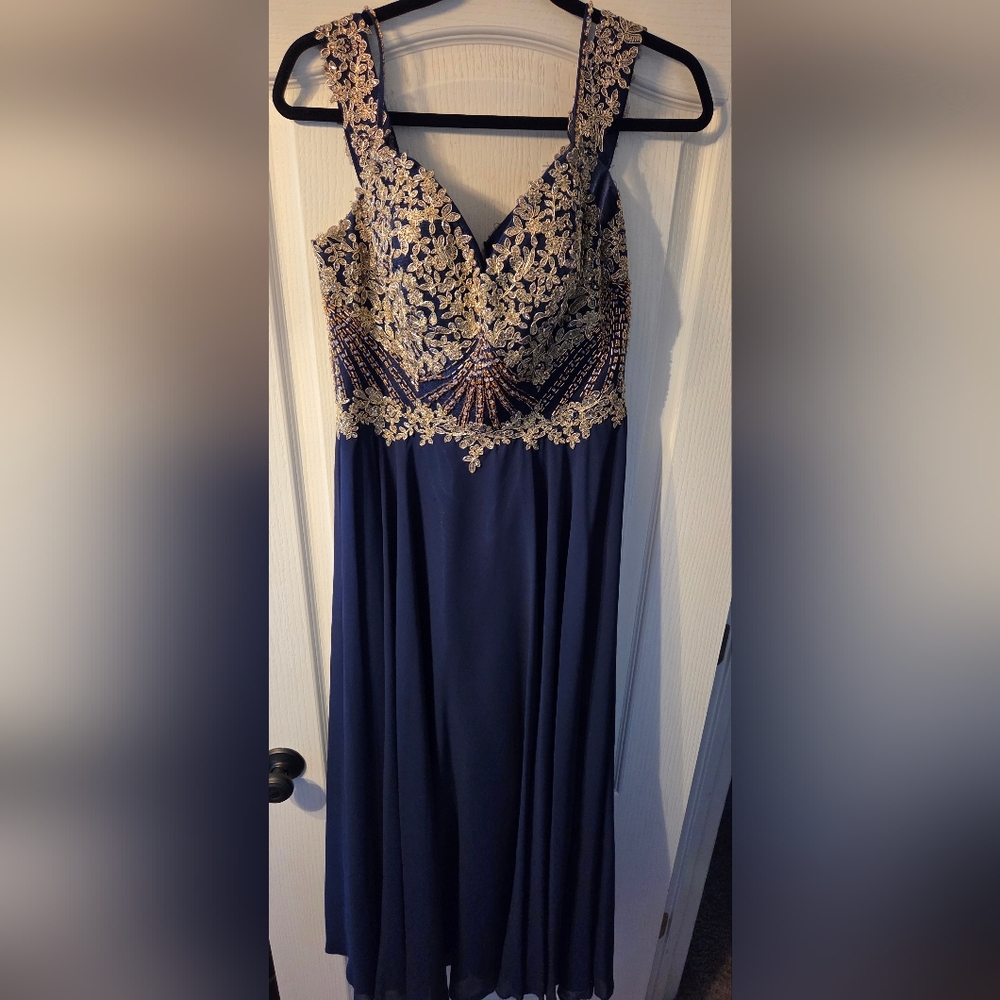 Elegant Navy and Gold Lace Prom Dress